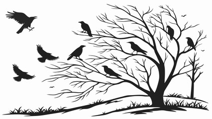 Black and White Silhouette of Crows on Windy Tree Nature Art