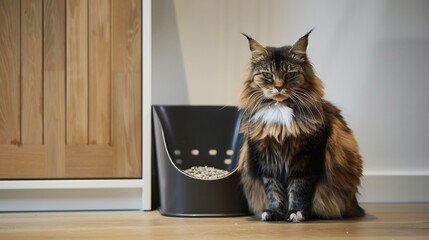 A domestic cat sitting near a stylish cat litter box its fur clean and well groomed