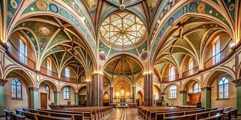 Obraz premium Intricate abstract design made of curved lines and geometric shapes adorning the walls of a historic church interior , architectural elements , sacred architecture