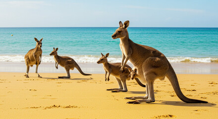 Fototapeta premium Kangaroos Standing on Beach with Ocean View in Summer