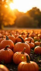 Golden hour light bathes pumpkin patch, vibrant fall foliage backdrop, clear sky , field, countryside, bright