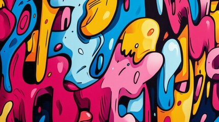 Abstract cartoonish art piece filled with vibrant colors and shapes