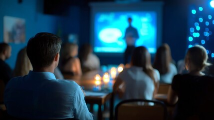 A professional presentation in a dimly lit room with an audience engaged in a corporate setting, focusing on learning and growth.