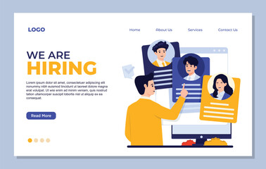 Landing page template Illustration of recruitment concept with HR manager analyzing candidate profiles for job vacancies in company