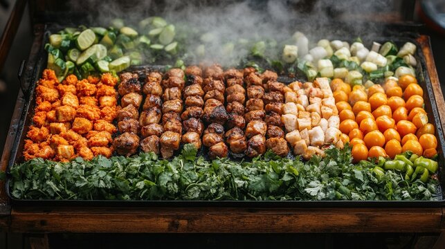 Colorful array of grilled meats and vegetables on a large platter with smoke rising