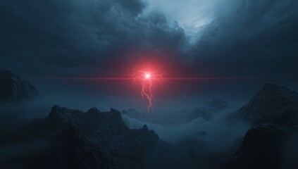 A dramatic, ethereal landscape under a stormy sky, with a vibrant red lightning bolt piercing the clouds above a mountain range