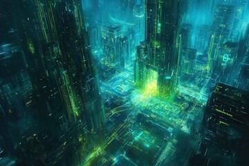 Neon-lit, futuristic cityscape of interconnected towers.