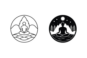Meditating Silhouette Logos With Mountains Trees Starry Sky And Water In Circle Frame