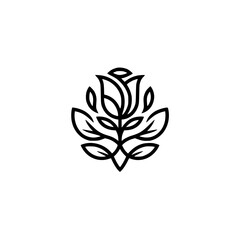 Minimalist Floral Logo: Black Outline Rose with Leaves on White