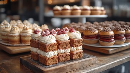 A beautifully arranged display of various desserts, including cupcakes and layered cakes, in a cozy caf?