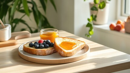 Delicate breakfast plate with apricot jam toast and seasonal berries, airy kitchen background