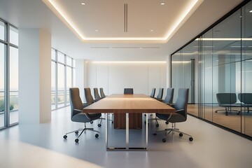 Modern office interior with open workspace and glass-walled meeting room. 