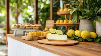 Dessert table with homemade key lime pie slice, surrounded by tropical fruit