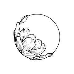 Elegant Floral Circle Frame, Line Art Botanical Illustration, Vector
