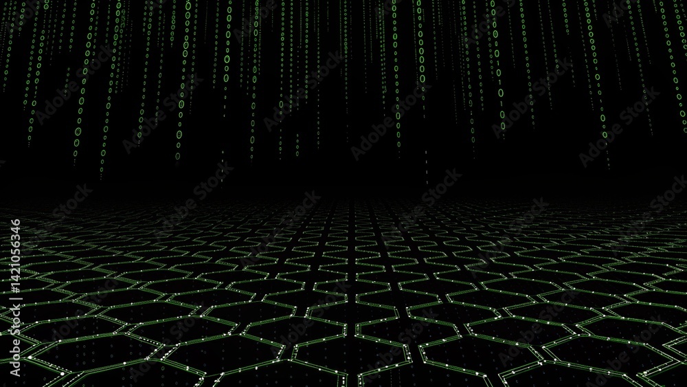 Poster Digital binary code matrix background, 3D rendering of a scientific technology data binary code network conveying connectivity, complexity and data flood of modern digital age, futuristic cyberspace