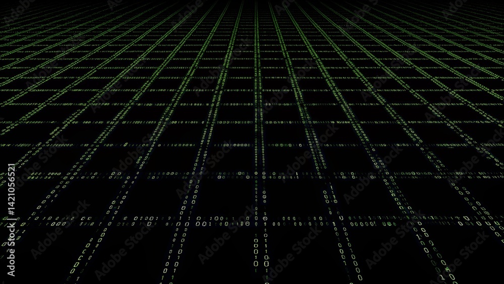 Fototapete Digital binary code matrix background, 3D rendering of a scientific technology data binary code network conveying connectivity, complexity and data flood of modern digital age, futuristic cyberspace