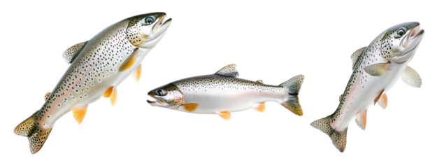 Set of trout fish with spotted scales, fins and open mouth isolated on white transparent background, concept of wildlife