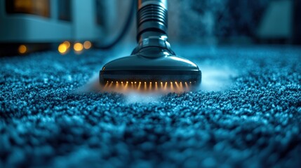 Close-up of a steam cleaner nozzle on a textured blue carpet, with steam rising in a cozy room