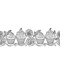 Cupcake & Rose Border: Hand-Drawn Line Art on White