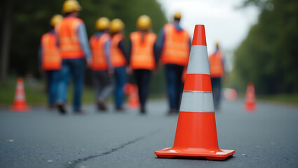 There is an orange traffic cone in the foreground. In the background, workers in reflective vests and hard hats standing on the road are blurred.