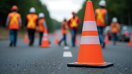 There is an orange traffic cone in the foreground. In the background, workers in reflective vests and hard hats standing on the road are blurred.