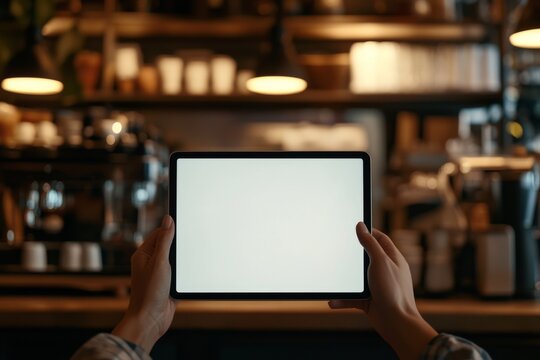 Hands holding a tablet in a coffee shop
