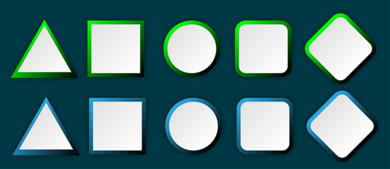 Button set of geometric shape | 3d button shape abstract design with glow metallic neon | Modern presentation icon set for banner, flyer, texture, futuristic, signal design with blue-green color