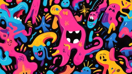 Obraz premium Abstract colorful cartoonish figures on a black background