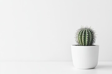 A solitary cactus in a modern white pot sits on a clean, minimalistic surface, highlighting its unique spines and vibrant green color against a plain background