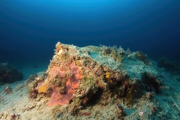 Underwater coral reef structure.  A rocky outcrop covered in diverse marine life, including colorful corals and starfish, sits on a sandy ocean floor.  Clear, deep blue water surrounds the scene