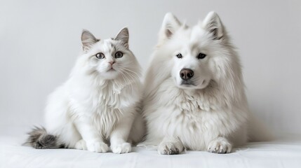 A fluffy white cat and a Samoyed dog sitting gracefully on a white background their fur blending into the scene overlay cut out on isolated transparent removed background