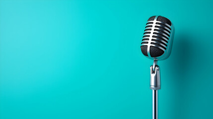 Fototapeta premium Vintage Silver Microphone on Teal Background