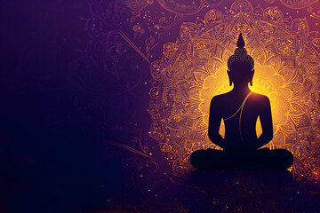 Silhouette of Buddha in meditative pose with cosmic background, symbolizing Vesak enlightenment.