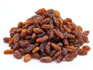 Obraz premium Pile of dried raisins, a healthy snack, isolated on white background