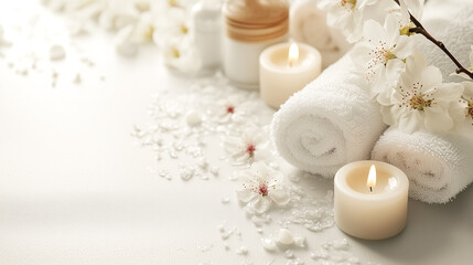 serene spa scene with rolled white towels, lit candles, and delicate flowers on smooth surface, creating calming atmosphere
