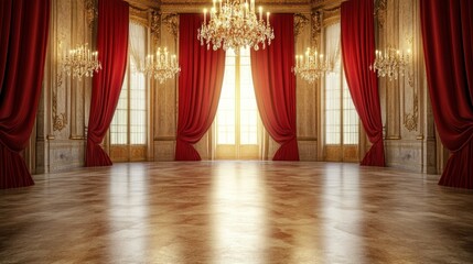 A Luxurious Ballroom Interior Featuring Elegant Chandeliers And Red Curtains