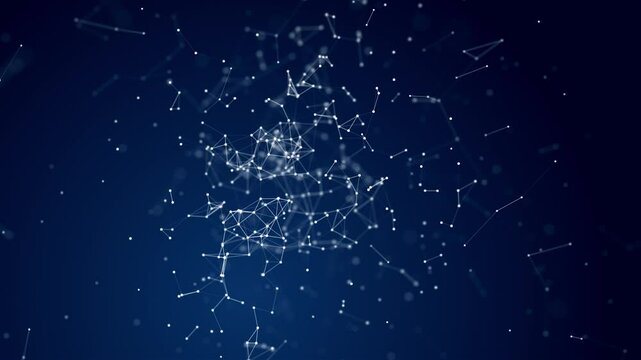 Blue Abstract plexus mesh background with chaotically connected points and polygons flying in space. Digital data network connections. Futuristic technology loop, Abstract Plexus Network Polygonal Nod