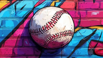 Painted baseball sits in front of a graffiti brick wall