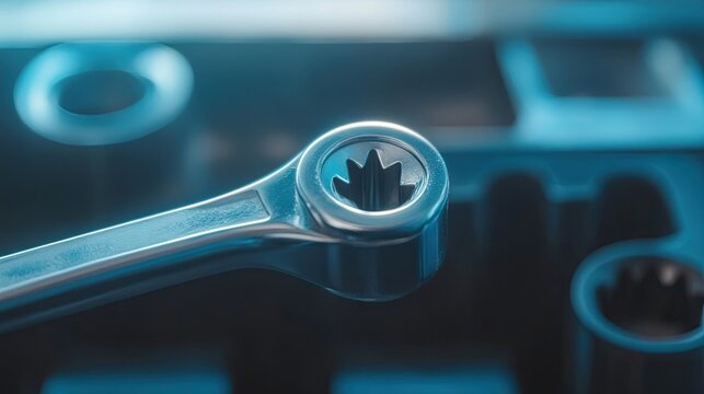 Close-up of wrench button being pressed to release or attach a socket