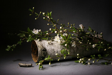 On a gray background, a glass of tea and branches of a fruit tree