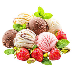 Ice Cream Trio with Strawberries and Pistachios: A delectable arrangement of three ice cream scoops—chocolate, vanilla, and strawberry—nestled amongst fresh strawberries and pistachios.