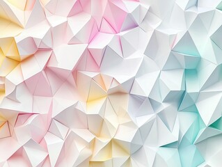 Obraz premium A vibrant abstract background featuring a dynamic arrangement of crumpled paper-like shapes in pastel hues, creating a sense of depth and texture, suitable for creative projects