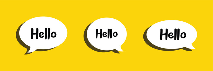Hello welcome tag. Chat speech bubbles set. Hi invitation offer. Formal greetings message. Hello talk speech message. Talk box infographics. Vector . © Micro Pixel Market