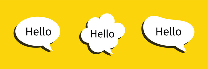 Hello welcome tag. Chat speech bubbles set. Hi invitation offer. Formal greetings message. Hello talk speech message. Talk box infographics. Vector . © Micro Pixel Market