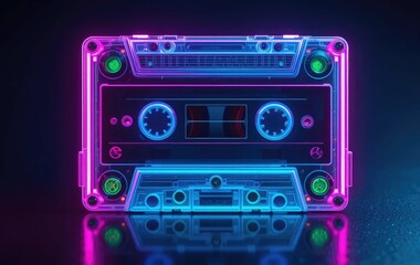 Fototapeta premium Neon Glowing Cassette Tape with 90s Retro Aesthetic and Music Nostalgia.