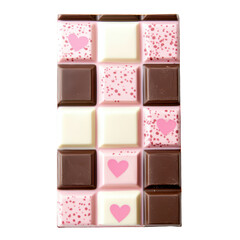Chocolate Bar Delight: An overhead view showcases a delectable chocolate bar adorned with heart shapes, pink specks, and an array of colors, evoking feelings of joy, indulgence, and affection. 