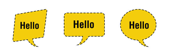 Hello welcome tag. Chat speech bubbles set. Hi invitation offer. Formal greetings message. Hello talk speech message. Talk box infographics. Vector . © Micro Pixel Market