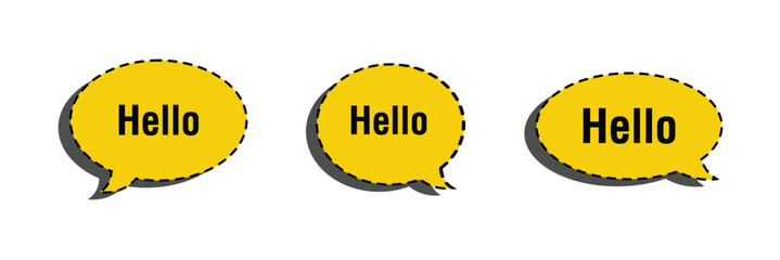 Hello welcome tag. Chat speech bubbles set. Hi invitation offer. Formal greetings message. Hello talk speech message. Talk box infographics. Vector . © Micro Pixel Market