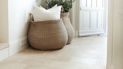 Sand-colored travertine flooring in block design with fine chisel marks, showcasing rustic classicism