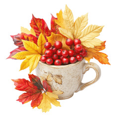 Autumnal Teacup: A cozy teacup overflow with vibrant autumn leaves and a cluster of ripe red berries, evoking the warm hues of fall.